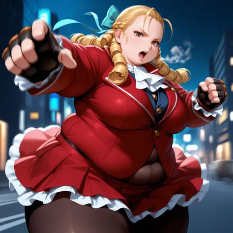 masterpiece, best quality, 1girl, solo,  sfkrn, blonde hair, ringlets, hair pulled back, antenna hair, brown eyes, hair bow, aqua bow, red jacket, white ascot, red skirt, frilled skirt, fingerless gloves, black pantyhose, incoming punch, serious, open mout...