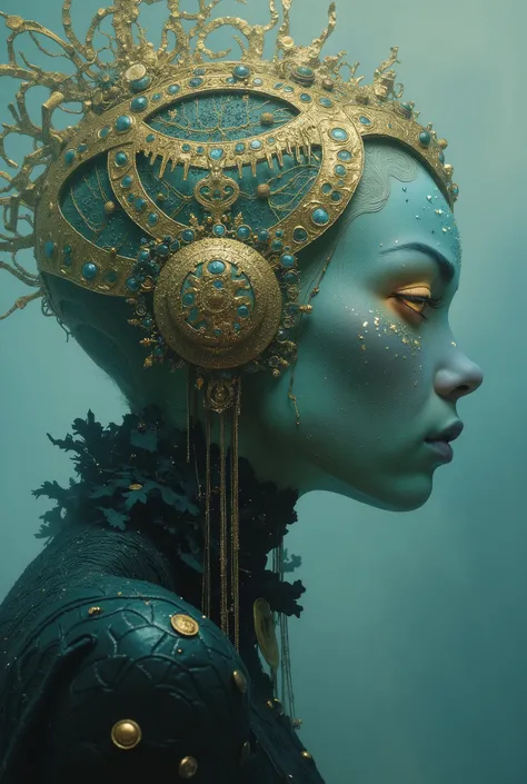 Ethereal minimalist alien cybergoth fashion pictorial photography, HEIC format, fog background in the style of teal and gold ,  uso di spatole , ritratto a vita, intricato, sharp _fuoco,  dungeons _arte ,  zentangle, high details, high definition .