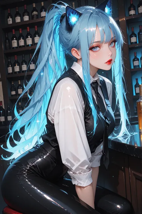 masterpiece, best quality, bright, very aesthetically pleasing, high contrast, newest , 1 divinely beautiful woman Necko, girl with cat ears and a ponytail, bartender, sits behind the counter at the bar, hair tied in ponytails, blue hair, shiny hair, weari...
