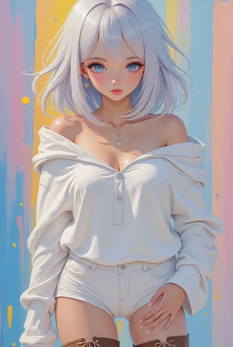 ultra detailed, absolutely resolution, masterpiece.
fusion of watercolor, acrylic and collage, conceptual installation art, various iridescent effects.
dark skin beautiful woman, shining glossy silky silver bob cut with blunt bangs, captivating eyes, sex...