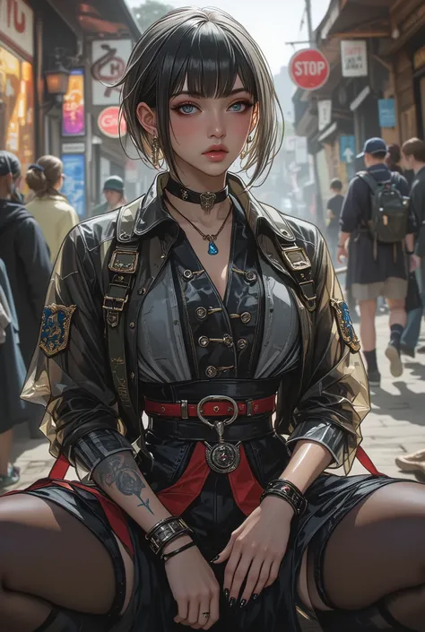 full body shot，Female protagonist ，Japanese Samurai，Slightly shy，short hair，Wristband，  transparent jacket  ，Cowboy hat，Ice Wing， Duck Sitting ，Support，fireworks， Depressed Clothes ， Ice System Reform，  Khaki skin ,    Gemstone Blue Eyes  , Tattoo,  natura...