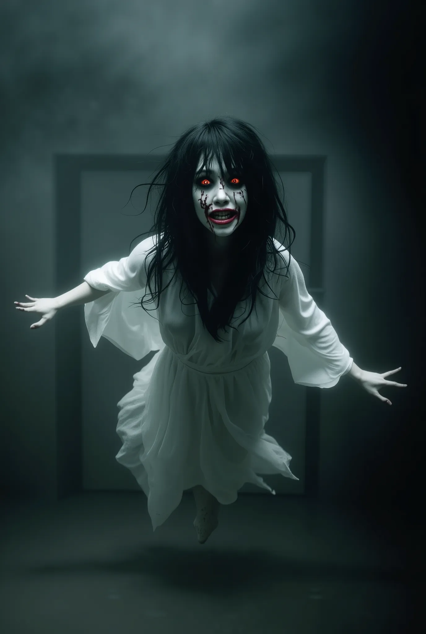 a ghost white lady, long messy black hair in white plain, messy, Glowing Red eyes, big smile, full of stitches on her face, floating on ground, High resolution, 4K, Hd image, detailed amazing picture extremely detailed CG unified 8k wallpaper, highly detai...