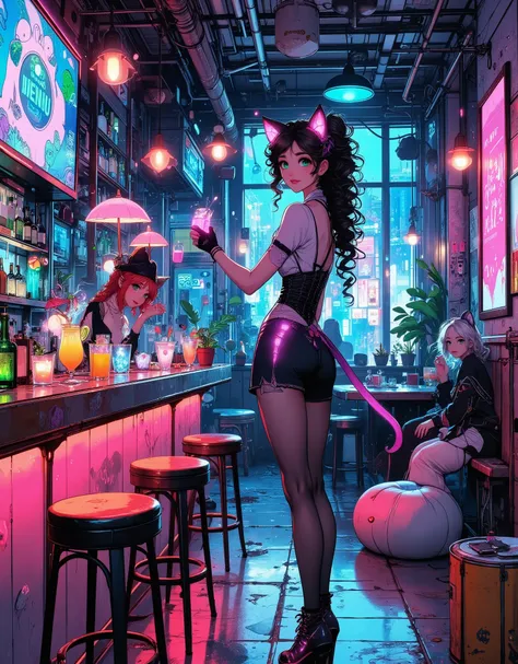 Detailed anime illustration in neon tones depicting a cozy bar for girls-neko . The interior is designed in cyberpunk/futurism style with elements of kawaii aesthetics. The central part is a bar with pink and blue neon lighting, behind which stands a smili...