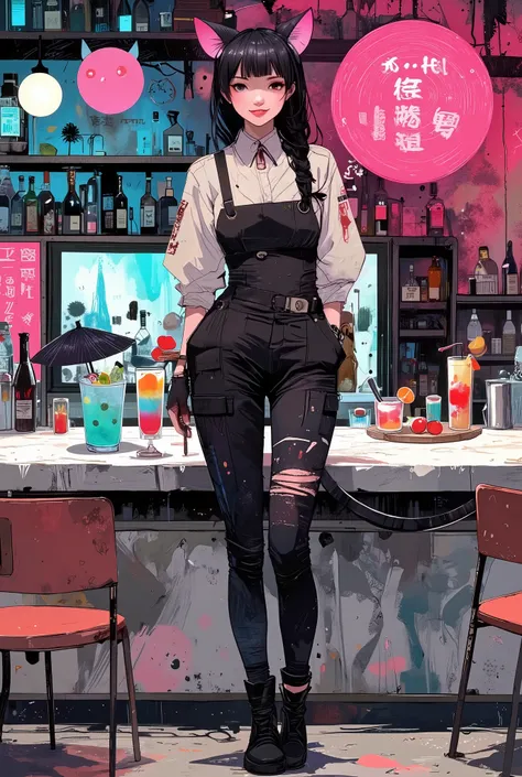 Detailed anime illustration in neon tones depicting a cozy bar for girls-neko . The interior is designed in cyberpunk/futurism style with elements of kawaii aesthetics. The central part is a bar with pink and blue neon lighting, behind which stands a smili...