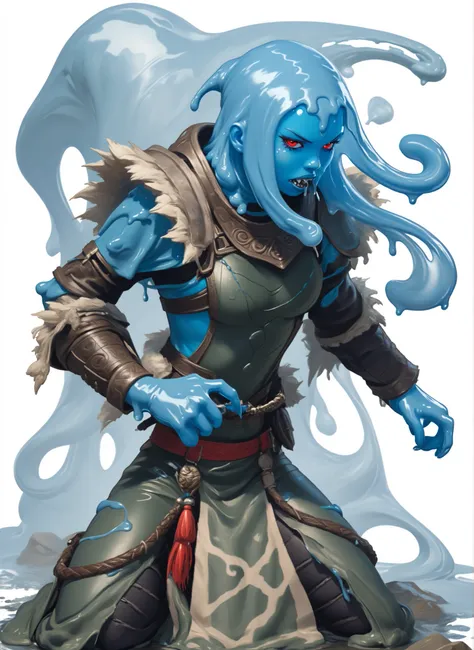 Slender latex slime-bodysuit. Blue latex slime-skin-suit/synsuit. Dripping Asian blue slime monster-girl. Aztec monster-girl. Horror. Cute 18-year-old Asian "venom" slimegirl with Asian red eyes; she is bald and has only a slime-braid with white highlights...