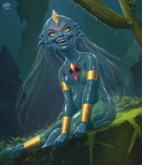 Slender latex slime-bodysuit. Blue latex slime-skin-suit/synsuit. Dripping Asian blue slime monster-girl. Aztec monster-girl. Horror. Cute 18-year-old Asian "venom" slimegirl with Asian red eyes; she is bald and has only a slime-braid with white highlights...