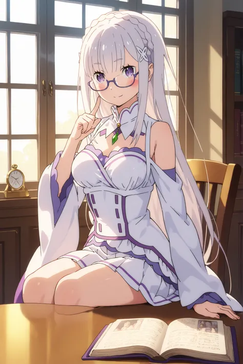 Emilia(RE:ZERO)A beautiful girl with long white hair and purple eyes、Wear Glasses、She is wearing a white and purple fantasy-style dress、with the index fingers of both hands「Shhhh」pose、An open book on her lap、In a quiet library lined with old books、Soft sun...