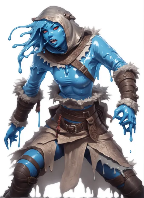 Slender latex slime-bodysuit. Blue latex slime-skin-suit/synsuit. Dripping Asian blue slime monster-girl. Aztec monster-girl. Horror. Cute 18-year-old Asian "venom" slimegirl with Asian red eyes; she is bald and has only a slime-braid with white highlights...