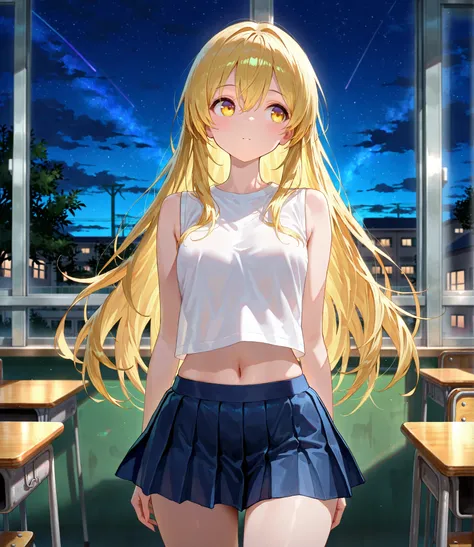 master piece,best quality,ultra detailed,ultra hires,32k,beautiful detailed face,beautiful detailed eyes,long golden hair,background is classroom,sleeveless shirt,miniskirt,navel,night, looking around,dam atmosphere
