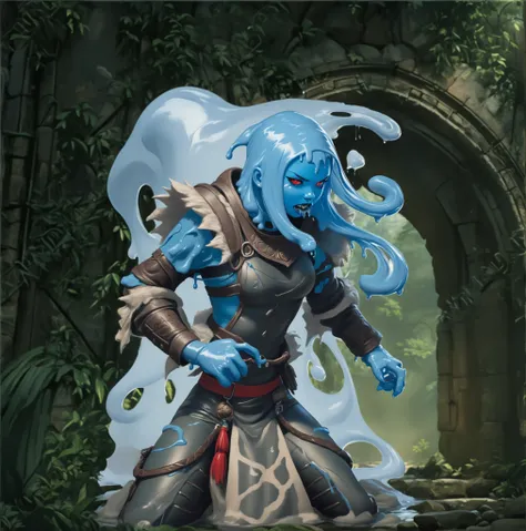Slender latex slime-bodysuit. Blue latex slime-skin-suit/synsuit. Dripping Asian blue slime monster-girl. Aztec monster-girl. Horror. Cute 18-year-old Asian "venom" slimegirl with Asian red eyes; she is bald and has only a slime-braid with white highlights...