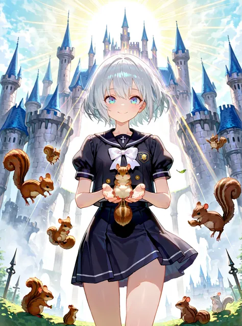 master piece,best quality,ultra detailed,ultra hires,32k,beautiful detailed face,beautiful detailed eyes,looking at viewer,long silver hair,background is Gothic castle,pretty short sleeve school uniform,thin thighs,miniskirt, squirrel, sun rays,smile