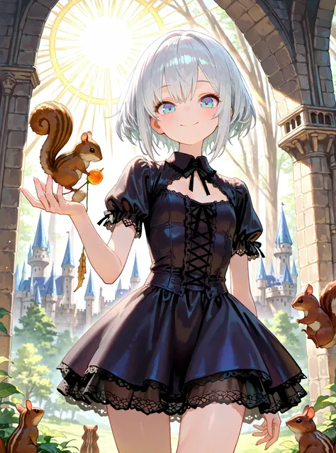 master piece,best quality,ultra detailed,ultra hires,32k,beautiful detailed face,beautiful detailed eyes,looking at viewer,long silver hair,background is Gothic castle,pretty short sleeve dress,thin thighs,miniskirt, squirrel, sun rays,smile