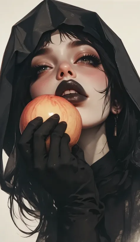 ((kissing black apple:1.5)),side view,fashion photography portrait,1 girl, solo,(closed eyes:1.3),feminine,award winning photograph, photorealistic,beautiful black eyes, sexy,wearing nun costume,cross earning ,thick black lips,depression,black hair,red che...