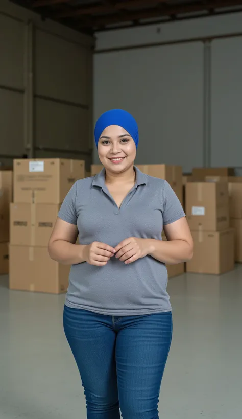 BBW Javanese mother, in blue hijab, wearing tight gray polo shirt tucked into jeans, wearing sneakers, in an empty warehouse, pile of cardboard boxes, detail, 4k, hdr, high resolution