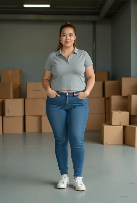 BBW Javanese mother, tied hair, big breasts, wearing tight cropped gray polo shirt, jeans, wearing sneakers, in an empty warehouse, pile of cardboard boxes, detail, 4k, hdr, high resolution