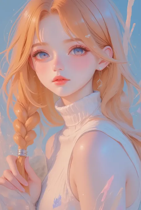 ultra detailed, absolutely resolution, masterpiece. 
various iridescent effects. 
beautiful woman, fluffy shining glossy silky stylish braided orange hair, captivating eyes, sexy beauty expression. 
great body proportion, wearing sleeveless turtleneck knit...