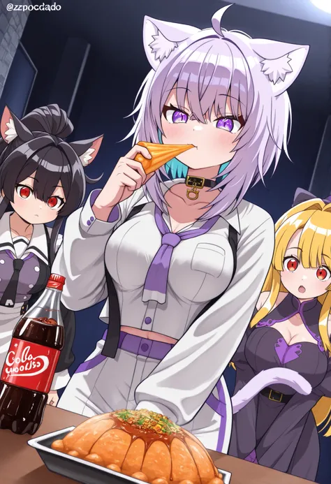 , Piel clara, , red eyes, black hair, cat ears, blows, hair between eyes, long hair, , (Ahoge), straight bangs, hair between eyes,, luciendo un suéter morado claro, pechos grandes y redondos, cintura delgada, falda negra, zapatillas, collar negro, orejas d...