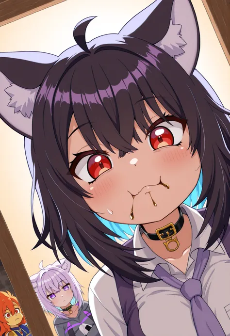 , Piel clara, , red eyes, black hair, cat ears, blows, hair between eyes, long hair, , (Ahoge), straight bangs, hair between eyes,, luciendo un suéter morado claro, pechos grandes y redondos, cintura delgada, falda negra, zapatillas, collar negro, orejas d...