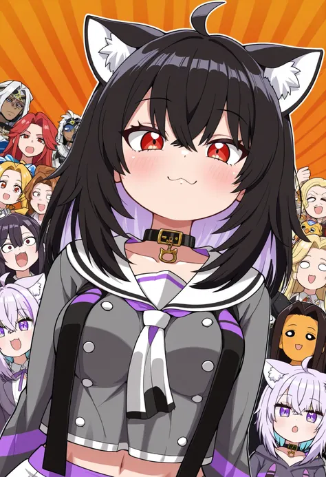 , Piel clara, , red eyes, black hair, cat ears, blows, hair between eyes, long hair, , (Ahoge), straight bangs, hair between eyes,, luciendo un suéter morado claro, pechos grandes y redondos, cintura delgada, falda negra, zapatillas, collar negro, orejas d...