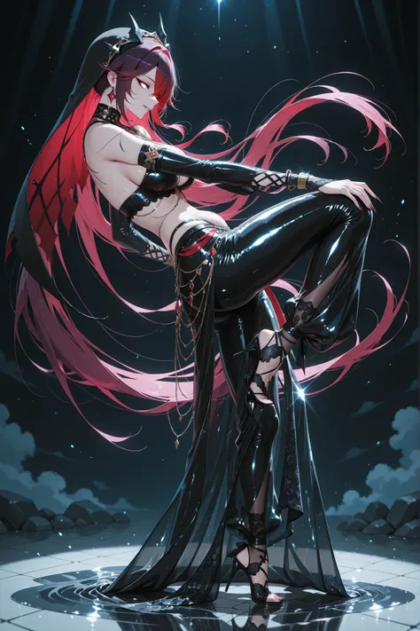   Genshin, Rosalia, solo, Extremely Ridiculous Clergyman, Mixed Witch and Succubus System, 
Something Sharp to Scratch You,  long toe,  from side, dynamic, 
Dark Rouge Hair, Opaque and Shiny Eyes, Transparent Reflections, Belly Dancer-like Outfit, Clear La...