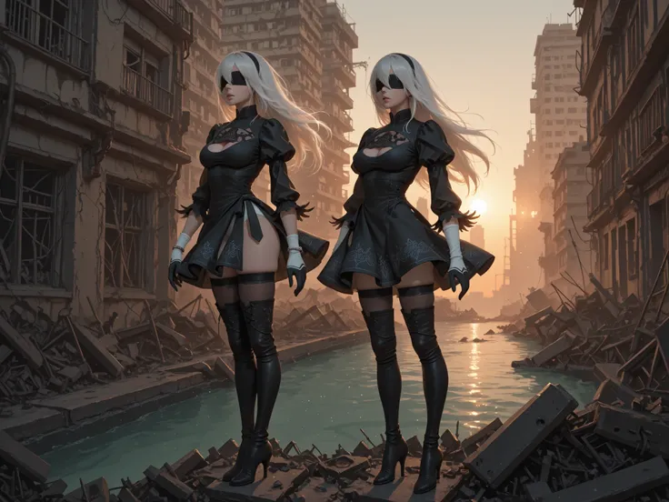 side view 、 nier2Bde 、 blindfold 、 黒いblindfold 、 Hairbands 、 white hair 、 long hair、 natural normal breasts 、cleavage cutout 、 Yorha's black dress 、 Juliet sleeve、 white bracelet 、 black gloves 、 thigh high boots 、 black high heels 、 stand on an abandoned ...