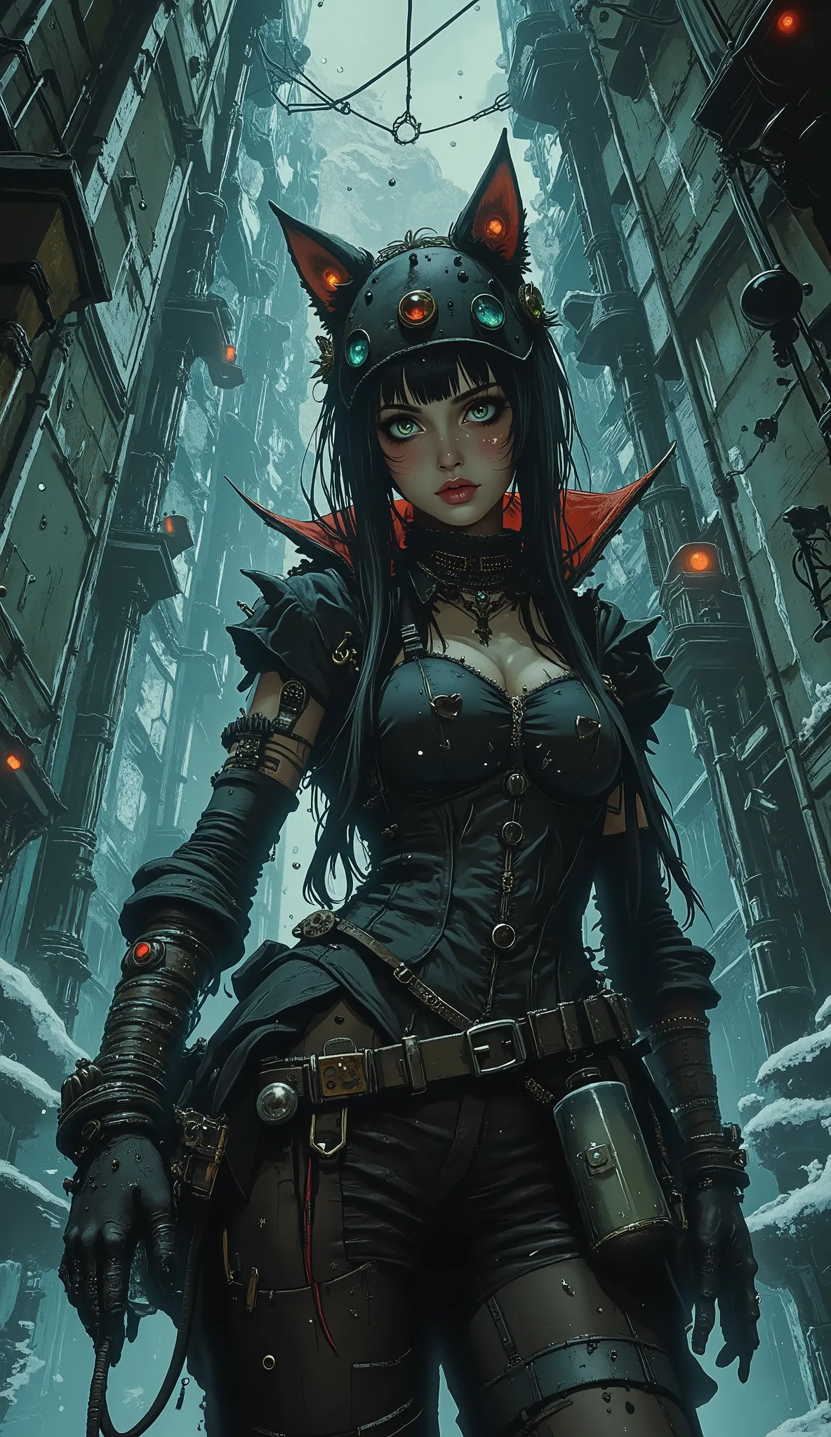 illustration, beauty, comic style,Gothic style, NIGHTMARE, myths, aidmaMJ6.1, Play of light and shadow, 
A full-length cinematic shot of a Neko girl in an elaborate Gothic fantasy-style costume against the backdrop of a frozen Gothic bar. The stage is deco...