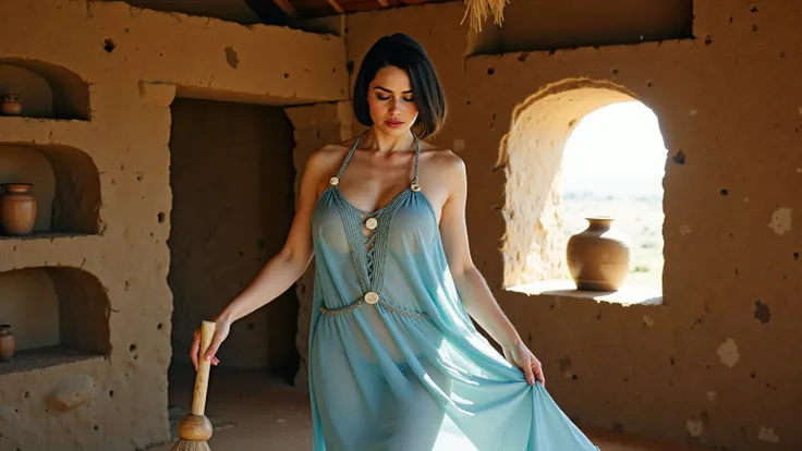 see-through,A photorealistic candid shot of a woman with huge boobs, with short jet-black hair styled in a classic flipped bob, cleaning the interior of a prehistoric stone house with a handmade straw broom, wearing a sheer sky-blue stone-fiber dress with ...
