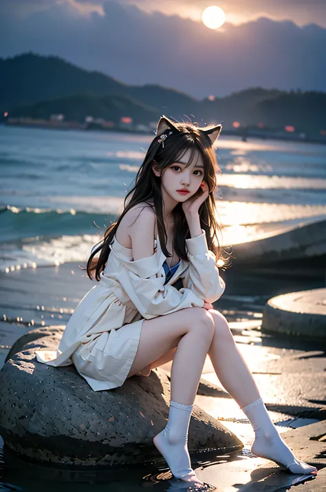 diana cosplay costume, animal ears, long jacket, bow, hair ornament, serafuku, neckerchief, long sleeves, socks, shoes ,,((full body, from below)), (masterpiece, best quality, ultra-detailed, 8k), realistic, a beautiful sexy long-legged model on a tropical...