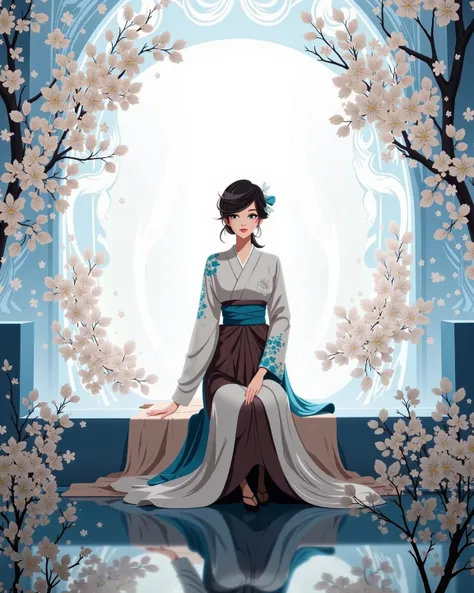 a stylized artistic illustration ,Beautiful woman with a neat face、kneeling on a platform in a floating space garden surrounded by sparkling white flowers and soft nebula light、Her hands are on her knees、A beautiful woman in hakama with a neat face with a soft smile on her face