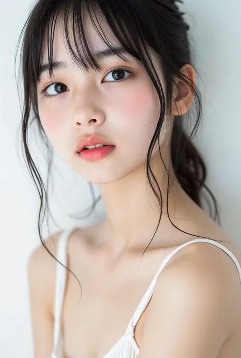 (cleavage:1.3), super real photo ,Japanese middle school students (((Be a Naked Woman)))、 When a beautiful woman feels good about an invisible stimulus, She's shy and charming....、white background, cute,cute 가슴, close to face, Nude , sexuall...