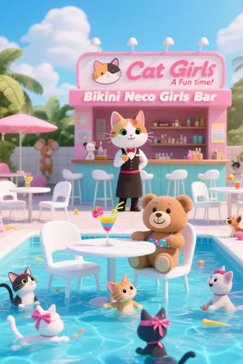 Girls bar where a cute cat is the bartender. in the center of the bar. 
There are several white chairs and small tables by the pool. The bartender cat is standing, I'm watching small cats and animals playing. cute calico cat. he is wearing a bartender uniform. 
A colorful cocktail is placed on the table.. 
The teddy bear is sitting in a white chair. The teddy bear is looking at the pool, watching small cats and animals playing. 
There are white chairs and several small tables by the pool, is playing freely and having fun.
테이블에는 알록달록한 칵테일이 놓여 있습니다. In the pool water, various small cats wear ribbons on their heads, {x} and play in the water with ribbons on one side of their heads {x} A small baby cat sits on a table chair with a teddy bear and smiles..
“Bikini Neco Girls Bar”, 'cute cat', The advertisement for 'A fun time' with 'Cat Girls' is written on the advertisement. bright atmosphere, Comic situation. 3d animation. cute 3d. 