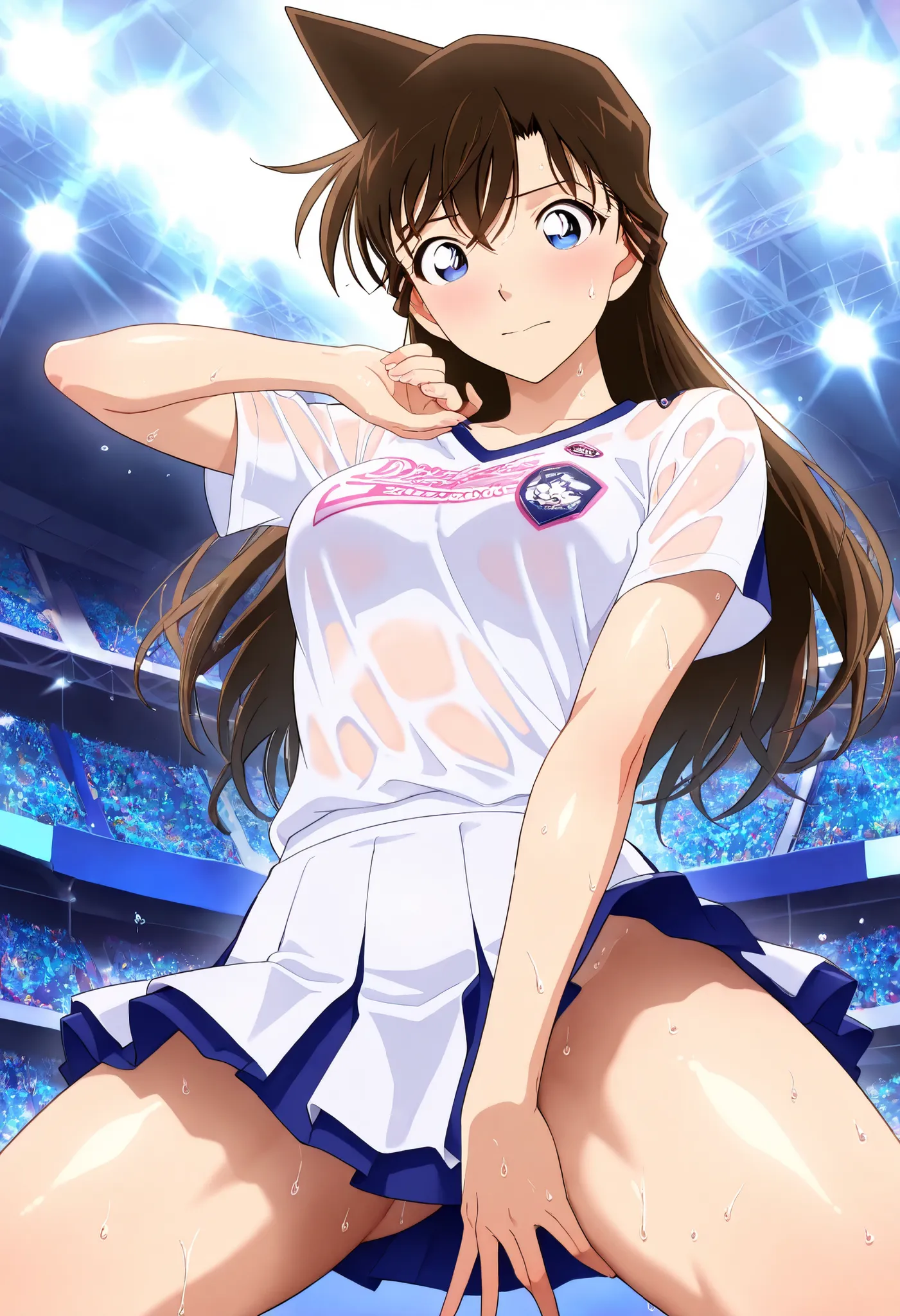 masterpiece,best quality,{{Beautiful face and eye-catching eyes}}, very detailed background,  Mouri Ran,long hair,brown hair,light blue eyes,medium chest, solo,1 ,(dance team uniform, miniskirt　Sporty Clothes,) 　 solo　realistic skin　athletic body　　beautifu...