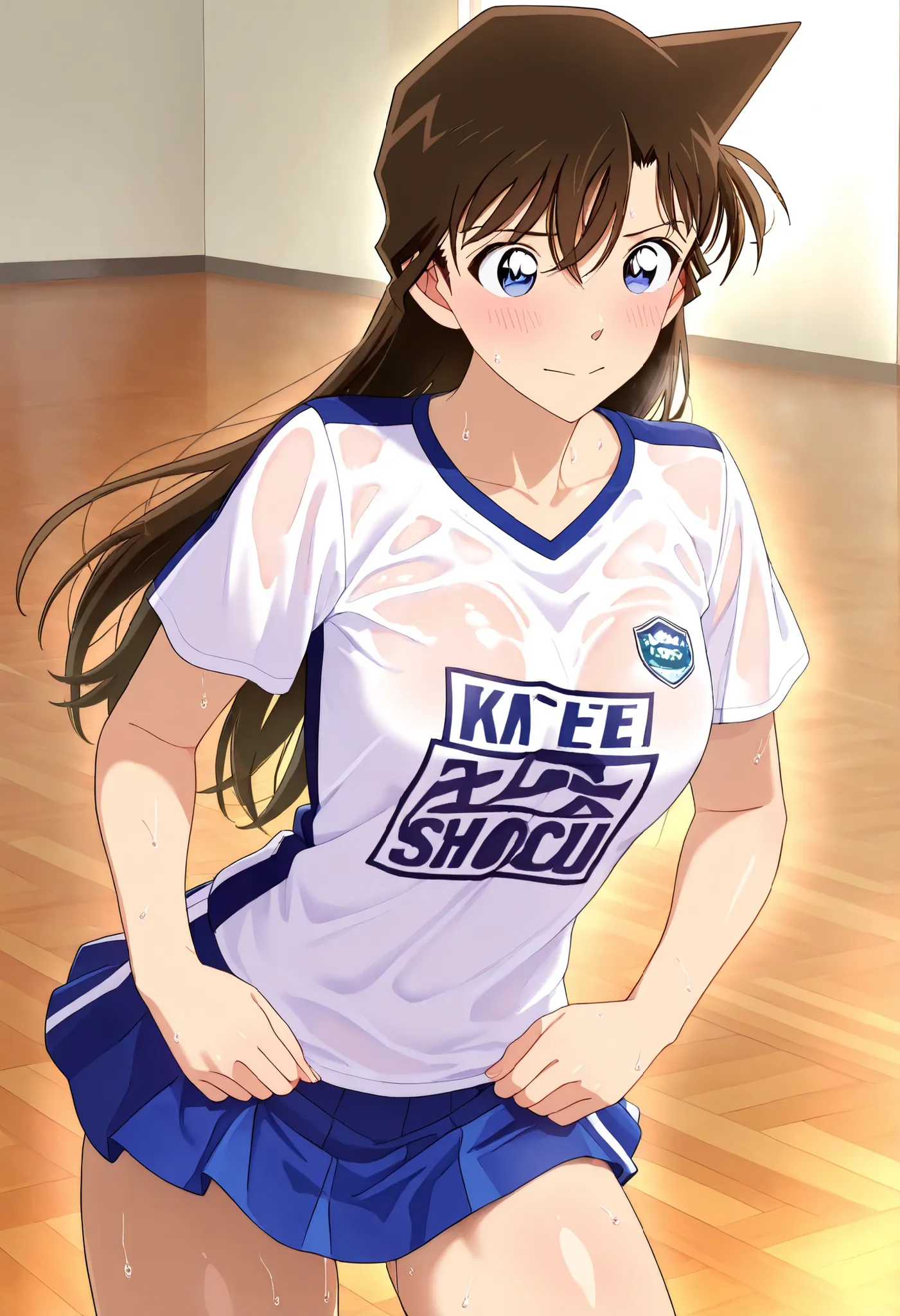 masterpiece,best quality,{{Beautiful face and eye-catching eyes}}, very detailed background,  Mouri Ran,long hair,brown hair,light blue eyes,medium chest, solo,1 ,(dance team uniform, miniskirt　Sporty Clothes,) 　 solo　realistic skin　athletic body　　beautifu...