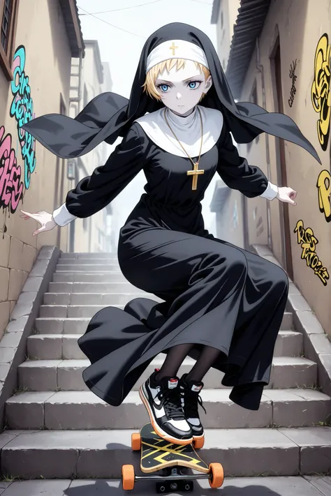 1 girl,solo,beautiful girl,adult,18 years old,blonde hair,very short hair,blue eyes,pale skin,skinny,masterpiece,general,highres, ultra-detailed,very aesthetic,best quality ,best hands,best eyes,perfect anatomy,anime coloring,easynegative,BREAK,nun,christi...