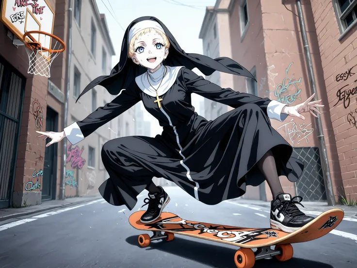 1 girl,solo,beautiful girl,adult,18 years old,blonde hair,very short hair,blue eyes,pale skin,skinny,masterpiece,general,highres, ultra-detailed,very aesthetic,best quality ,best hands,best eyes,perfect anatomy,anime coloring,easynegative,BREAK,nun,christi...