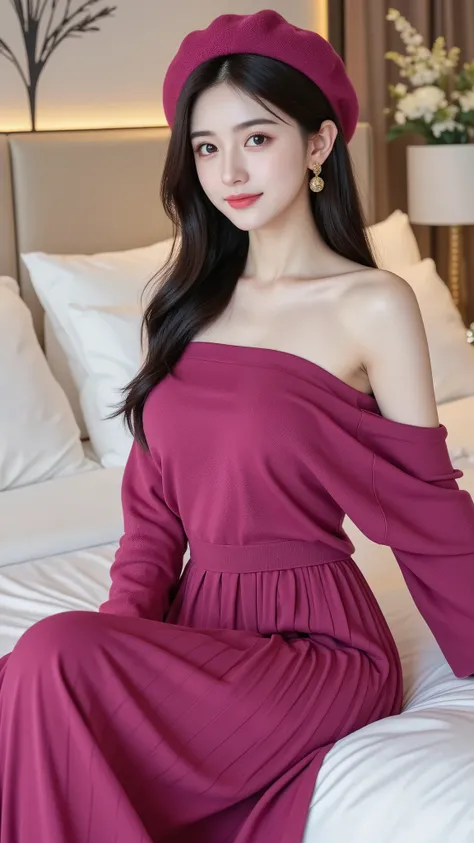a, She is wearing a fuchsia strapless sweater with a long fuchsia pleated dress, She is also wearing a fuchsia beret and golden earrings, Elegant feeling, Pure wind, soft tones, close-up character, HD, Cinematic Quality, Hyper-realism, The bedroom with a d...