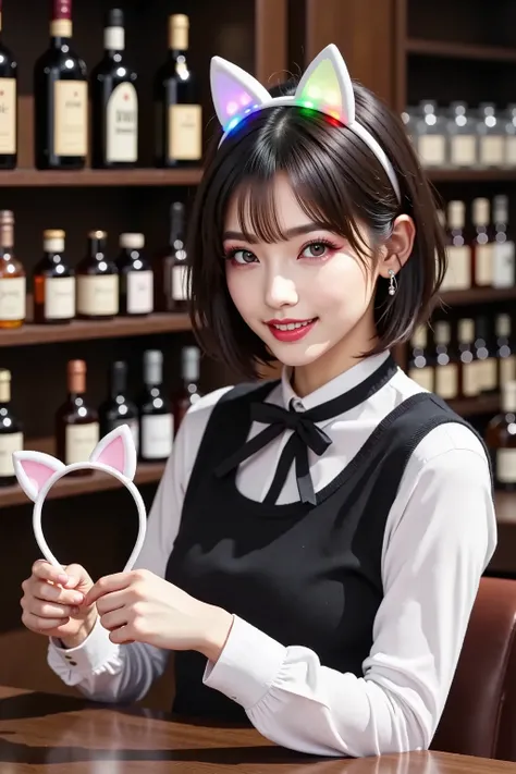 A store that imitates a dark and chic bar ((behind the counter there are lots of cat ear headbands displayed instead of bottles 2.0)), bartender women holding out a white cat ear headband on a table wearing a black bow tie, white shirt, and black vest with...