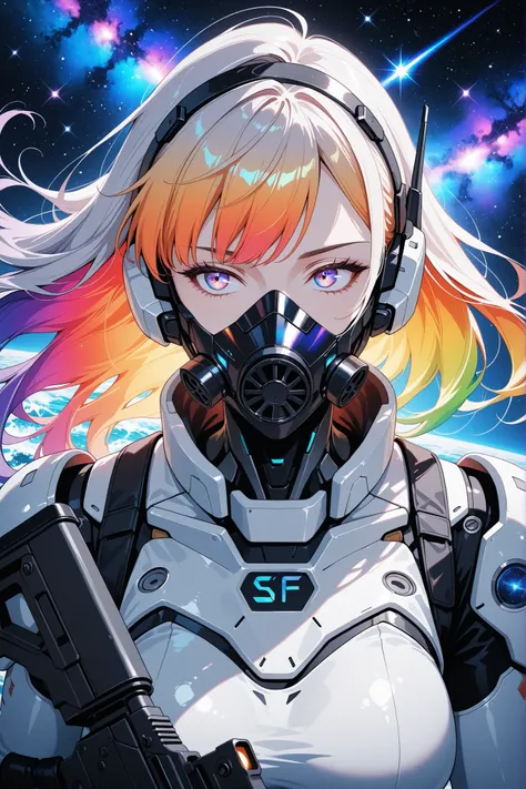 SF, highest resolution, dynamic composition of the space war,
Female cyborg staring at you, solo, shoot with an assault rifle wrapped in ocean waves, protective equipment with space-time motifs,
Holographic galaxy background , transparent and colorful ,...