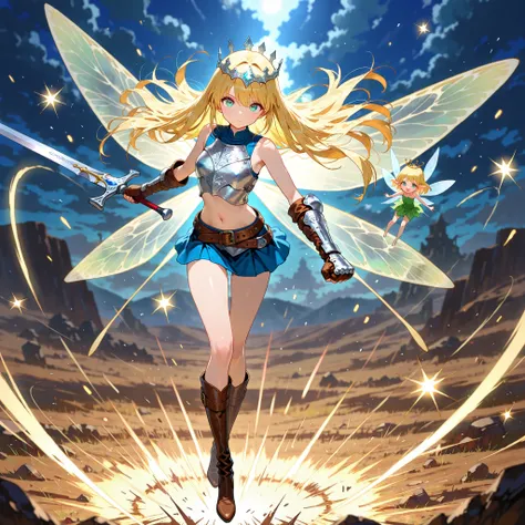 master piece,best quality,ultra detailed,ultra hires,32k,beautiful detailed face,beautiful detailed eyes,looking at viewer,long golden hair,background is battle field,,leather fist guard,sleeveless silver breastplate,silver right shoulder rest,leather belt...