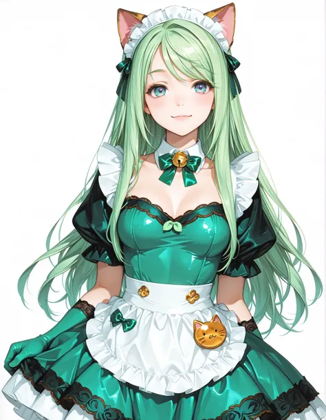 Cat Ear Maid,mint green and brown mini maid dress, Lime Green Hair, Lime green bow tie,LIME GREEN GLOVES,I'm looking here,tilt your neck slightly and smile