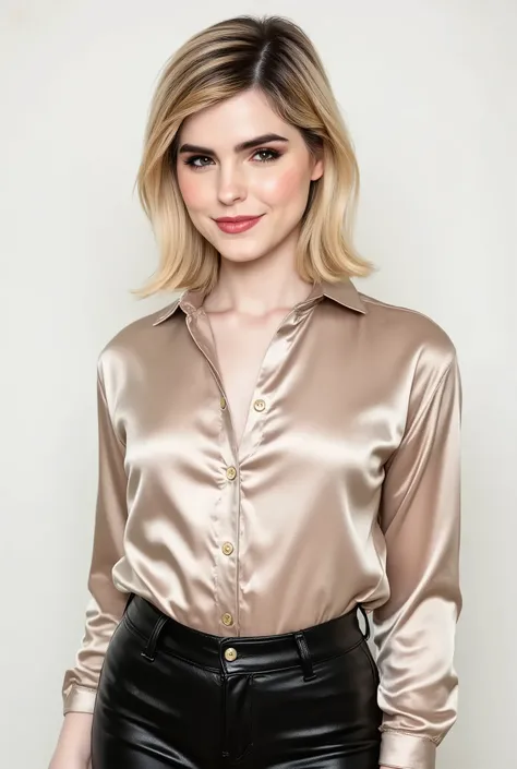 arafed woman, instagram model with a shiny satin button down shirt, black leather pants, smiling, happy, white studio background