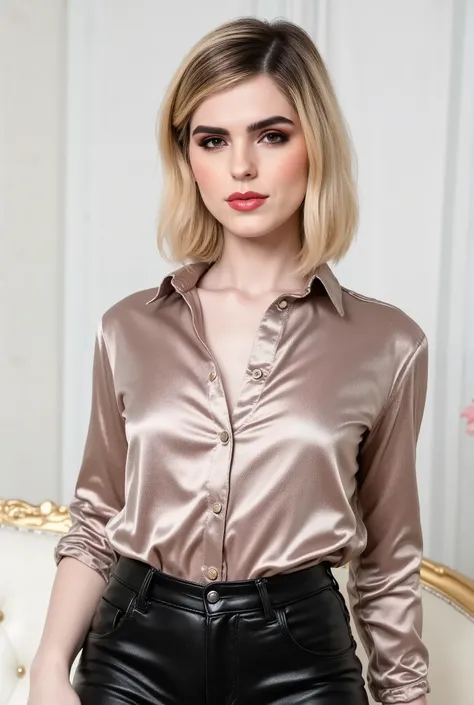 arafed woman, instagram model with a shiny satin button down shirt, black leather pants, smiling, happy, white studio background