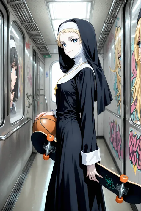 1 girl,solo,beautiful girl,adult,18 years old,blonde hair,very short hair,blue eyes,pale skin,skinny,masterpiece,general,highres, ultra-detailed,very aesthetic,best quality ,best hands,best eyes,perfect anatomy,anime coloring,easynegative,BREAK,nun,christi...