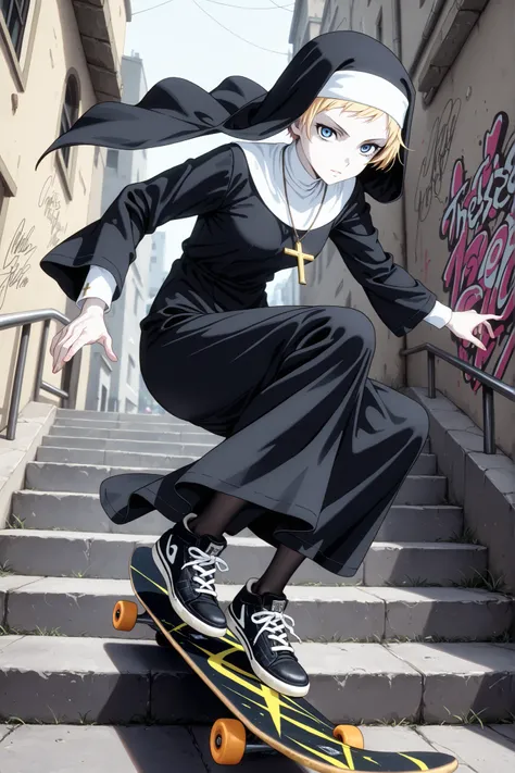 1 girl,solo,beautiful girl,adult,18 years old,blonde hair,very short hair,blue eyes,pale skin,skinny,masterpiece,general,highres, ultra-detailed,very aesthetic,best quality ,best hands,best eyes,perfect anatomy,anime coloring,easynegative,BREAK,nun,christi...