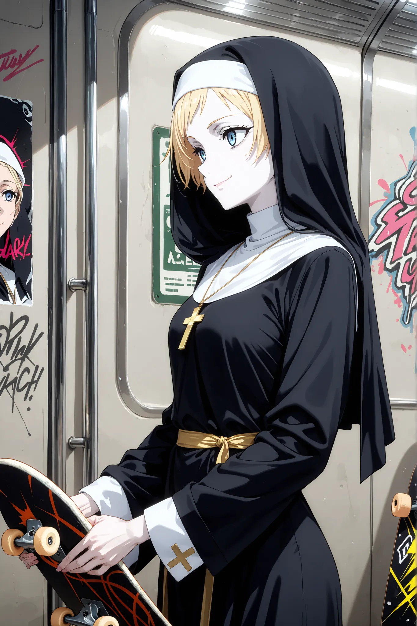 1 girl,solo,beautiful girl,adult,18 years old,blonde hair,very short hair,blue eyes,pale skin,skinny,masterpiece,general,highres, ultra-detailed,very aesthetic,best quality ,best hands,best eyes,perfect anatomy,anime coloring,easynegative,BREAK,nun,christi...