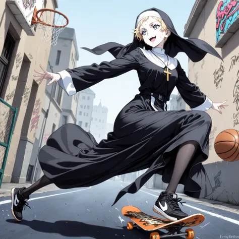 1 girl,solo,beautiful girl,adult,18 years old,blonde hair,very short hair,blue eyes,pale skin,skinny,masterpiece,general,highres, ultra-detailed,very aesthetic,best quality ,best hands,best eyes,perfect anatomy,anime coloring,easynegative,BREAK,nun,christi...