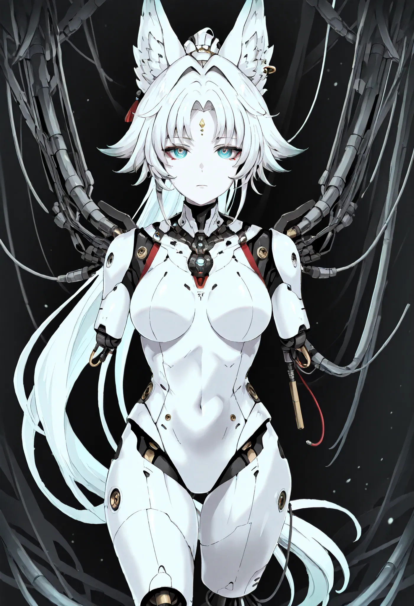 1girl, solo, android, cable, Machinery Parts, white skin, white bodysuit, Adjutant, robot, front shots, thighs, amputee arms, amputee legs, Fe1x10, animal ears, long hair, ponytail, multicolored hair, white hair, red eyeliner, ringed eyes, forehead mark, e...