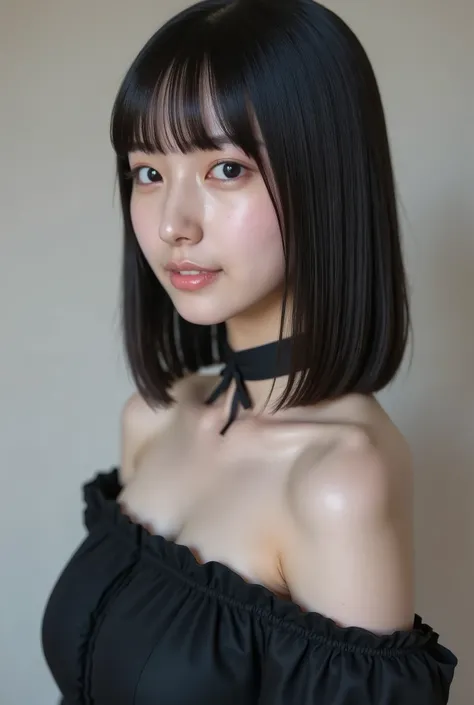This photo shows a cute Japanese woman, goth fashion, off shoulder dress,
The image is of very high quality, with clear skin texture.
The focus is on her face.
The focus is very sharp.

Her whole body is in the picture.
Her facial expression is sexy.
She i...