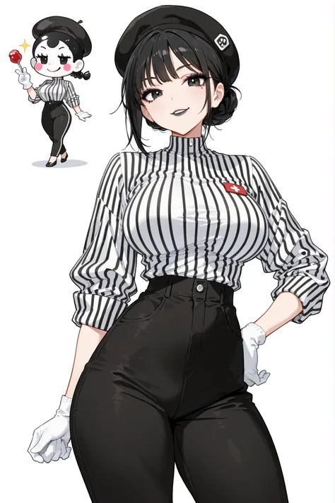 (chibi), high quality, detailed, white background, masterpiece, three-quarters shot, best quality, amazing quality, highres, BREAK, 1girl, slim and curvy body, wide shoulders, large breasts, thick thighs, black eyes, black hair tied in a low bun, wearing b...