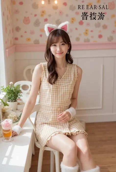 A hyper-realistic portrait of a stunningly beautiful Japanese idol girl with a slender figure and semi-long hair. She sits gracefully at a table inside a whimsical cat-ear-themed café, smiling gently as she enjoys a parfait topped with chocolate shaped lik...